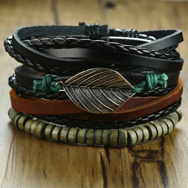 Braided Wrap Leather Bracelets Set